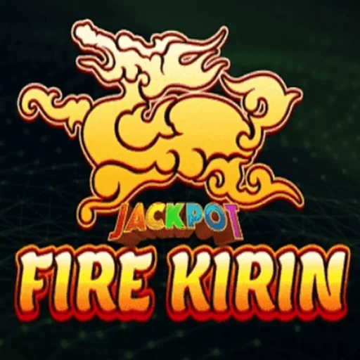 Golden stylized Kirin with clouds, labeled "Fire Kirin" in bold orange-red letters. "Jackpot" appears in multicolored letters above. Energetic tone.