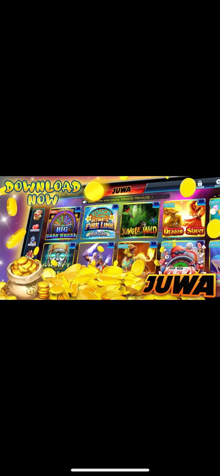Juwa online casino game selection with gold coin background
