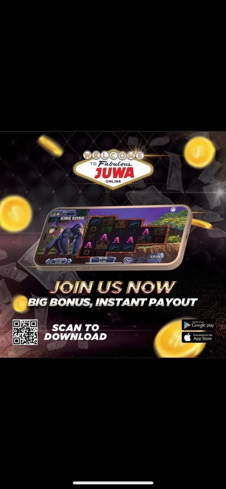 Juwa casino join now promotion with bonus and instant payout message