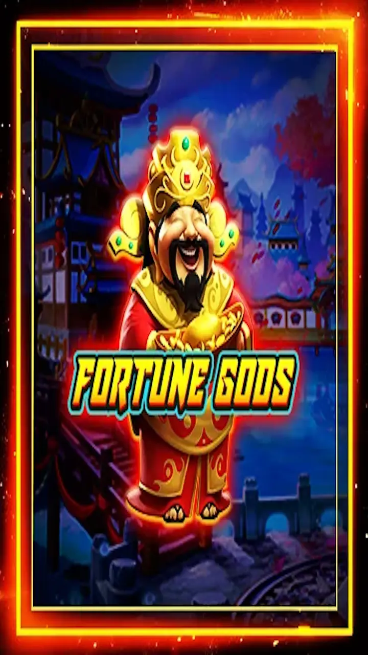 Cartoon figure dressed as a Chinese deity with a joyful expression, holding gold ingots. Background features a vibrant, traditional Asian setting. Text: "Fortune Gods".