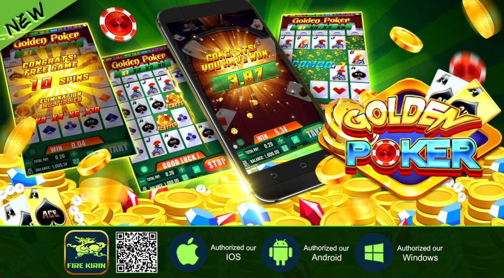 Vibrant advertisement for Golden Poker mobile app featuring a smartphone with game graphics, poker chips, and coins. Displayed on a colorful background, it highlights big wins and is compatible with iOS, Android, and Windows. QR code and app icons are included at the bottom.