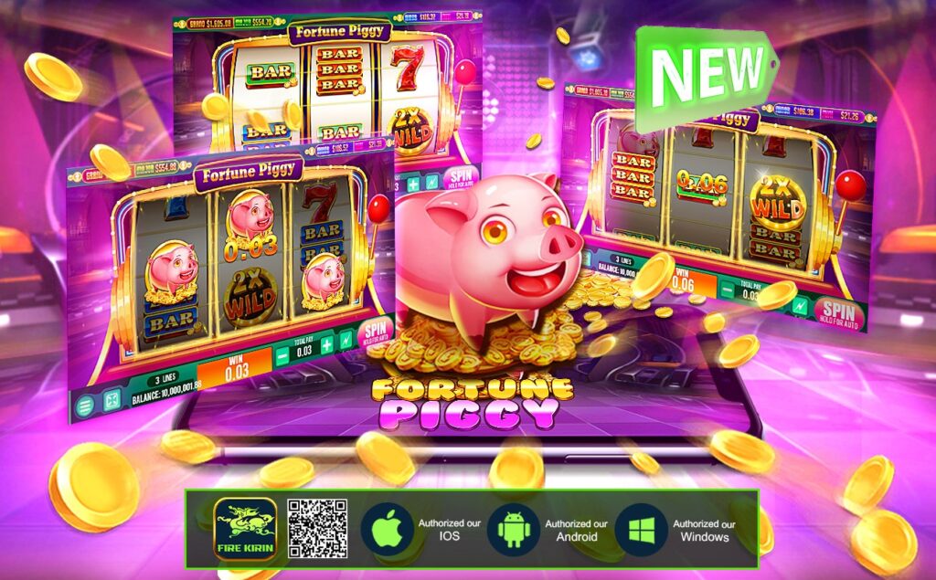 Colorful casino game screen featuring "Fortune Piggy" slots with vibrant graphics of a smiling pink pig, gold coins, and a "NEW" label. Energetic and lively design.