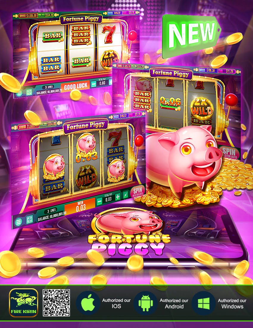 Bright game interface featuring slot machines with "Fortune Piggy" theme, gold coins, and a smiling pig. Vibrant, inviting, and playful atmosphere.