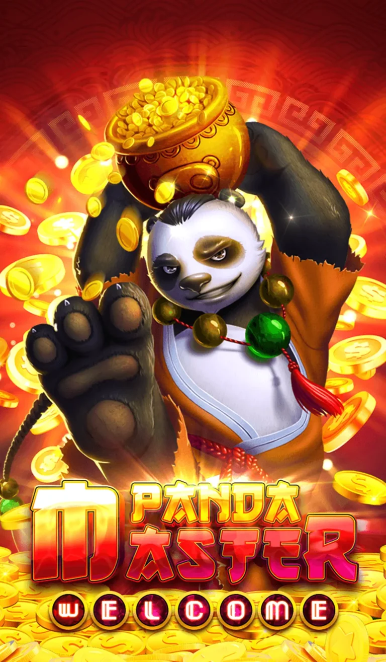 Panda Master character holding gold ingots with fiery background