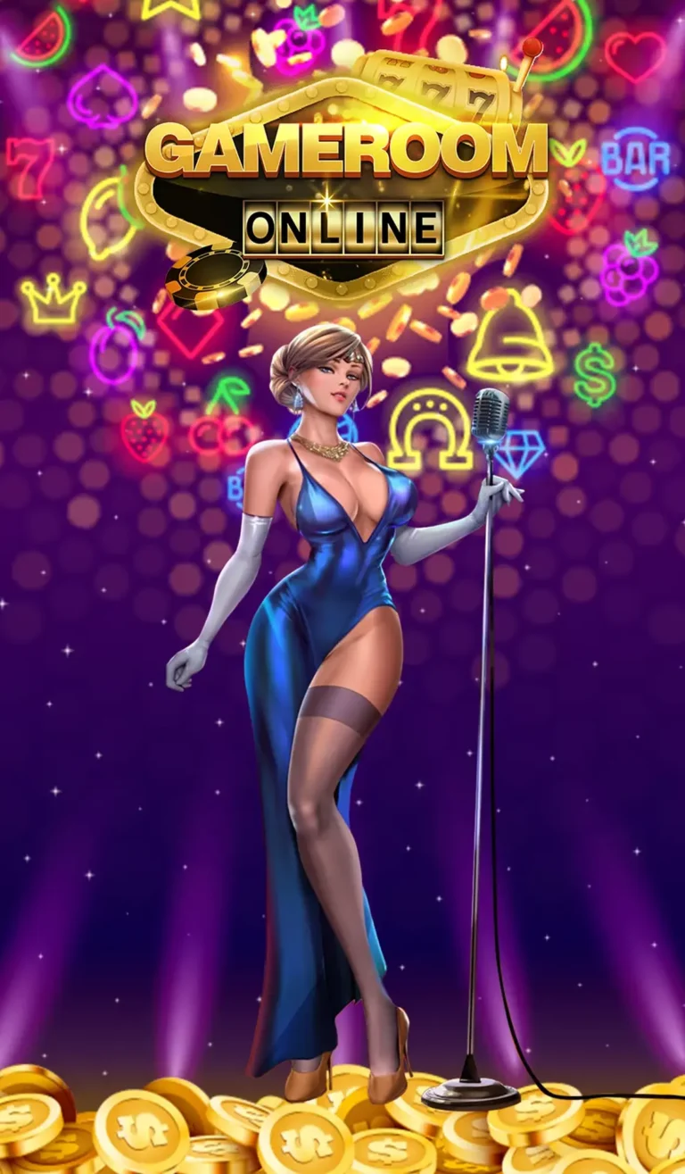 Casino hostess character in blue outfit with glowing icons