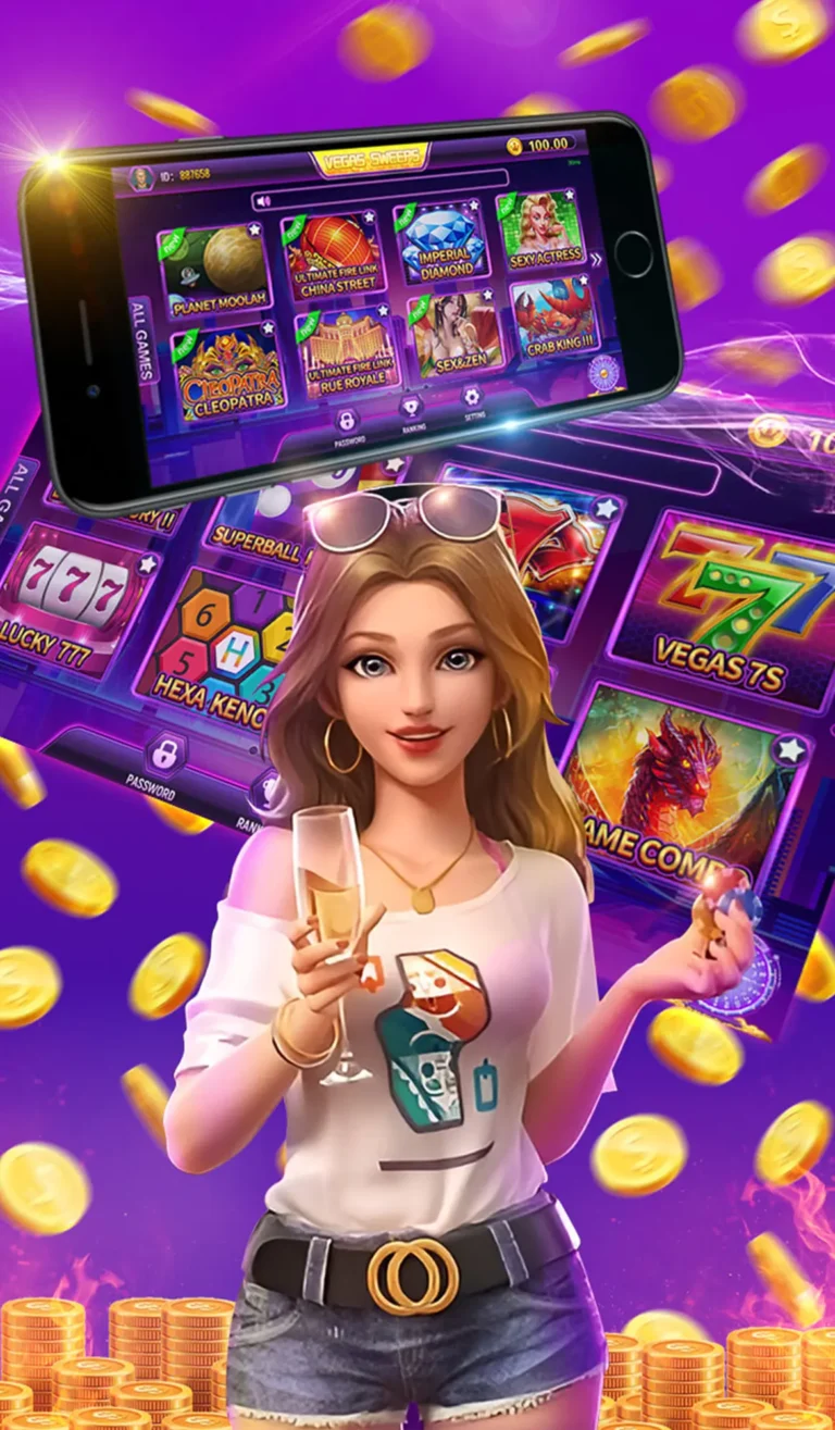 Female player holding phone with slot games and floating coins