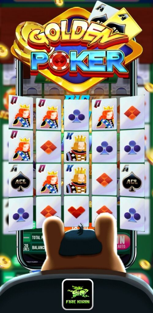 Colorful casino game interface showing a 'Golden Poker' title above a grid with card symbols, a cartoon king, and coins. Energetic and playful vibe.