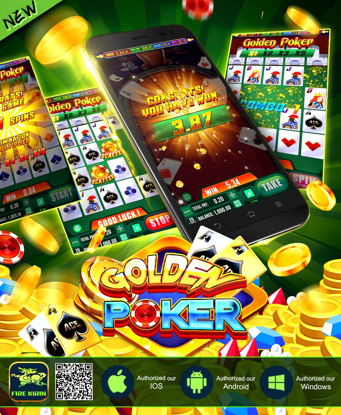 Colorful digital ad for "Golden Poker" showing a smartphone with poker game screen, surrounded by playing cards, poker chips, and coins. Exciting and vibrant.