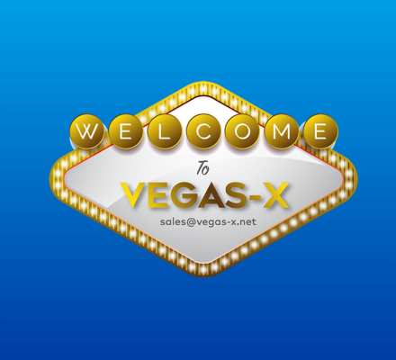 Bright blue background with a glowing marquee sign reading "Welcome to Vegas-X" in gold letters. The sign has a retro, festive feel.