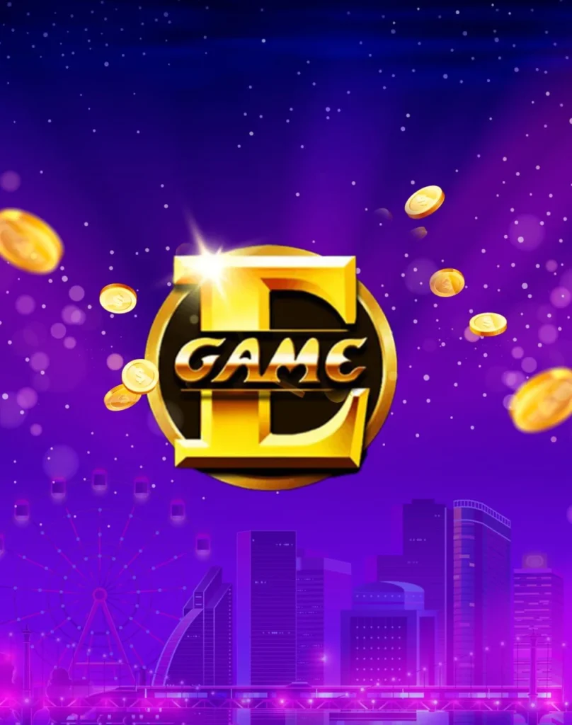 Golden "Game" logo on a purple starry background, surrounded by floating coins. A city skyline with a Ferris wheel is visible at the bottom. Vibrant and dynamic.