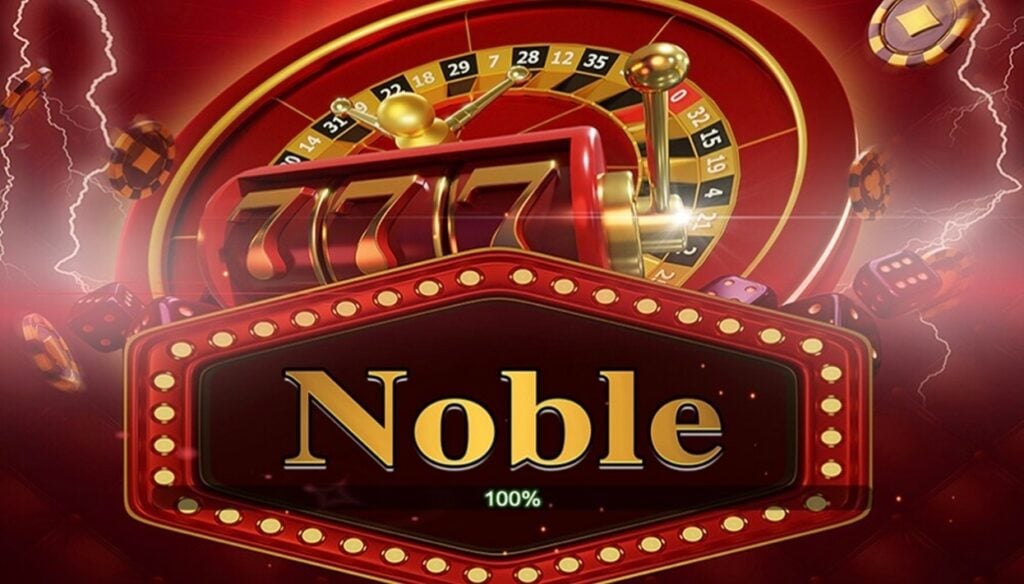Red casino-themed image with a roulette wheel and slot machine displaying 777. A vintage sign reads "Noble" in gold, conveying luxury and excitement.