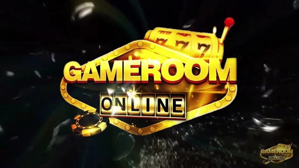 Golden slot machine design with the words "GAMEROOM ONLINE" in bold yellow text, sparkling against a dark background, conveying excitement and gaming.