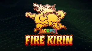 Illustrated orange dragon above the colorful text 'Jackpot Fire Kirin' on a dark, grid-patterned background. The image conveys excitement and energy.