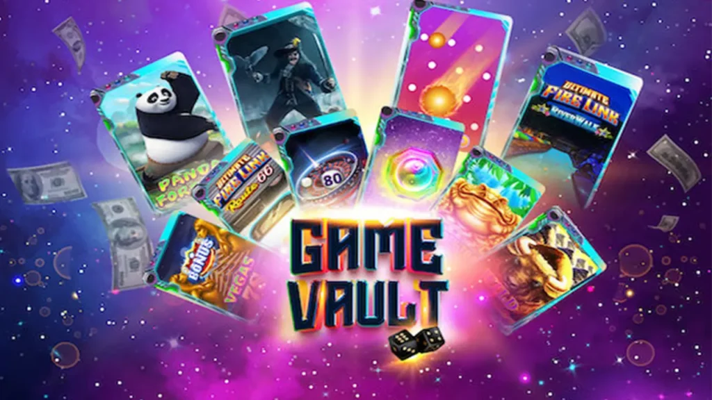 A colorful game-themed image featuring various vibrant game cards, including a panda and fantasy elements, surrounding "Game Vault" text on a cosmic background.
