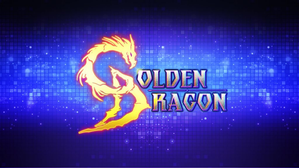 A glowing golden dragon forms a circular design next to the words "Golden Dragon" in bold, stylized blue text against a vibrant, pixelated blue background.