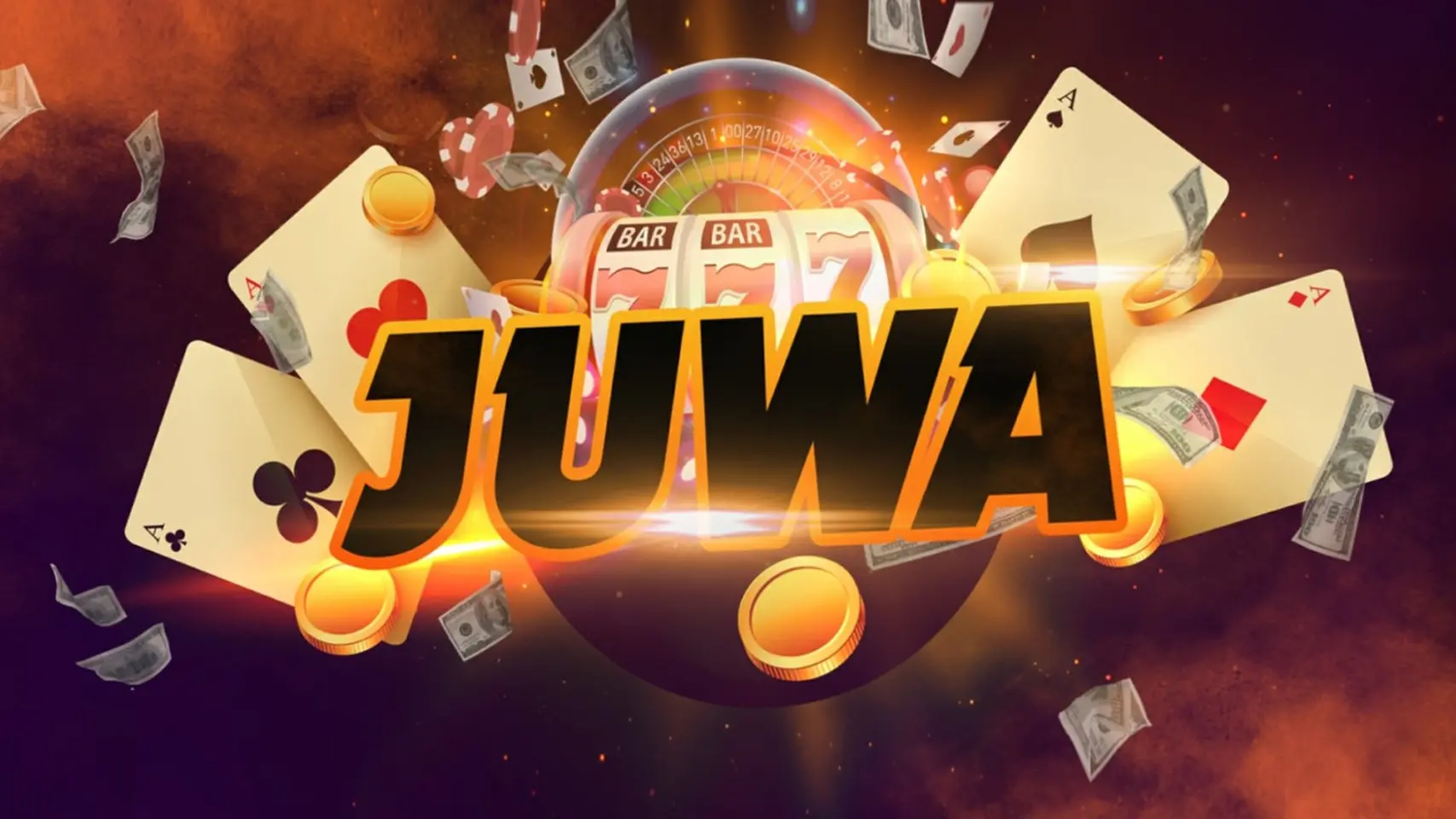 A vibrant casino-themed graphic featuring the word 'JUWA' in bold, surrounded by playing cards, poker chips, flying cash, and a slot machine. The background is a smoky orange, conveying excitement and high stakes.