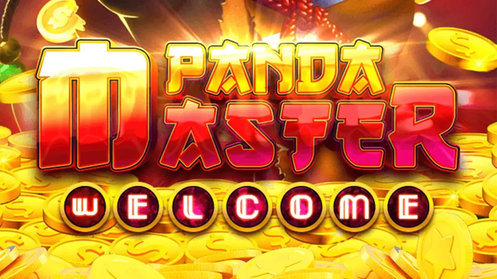 Bright image with colorful text: "Panda Master Welcome" over a background of golden coins. Energetic and inviting tone, suggesting excitement and fun.