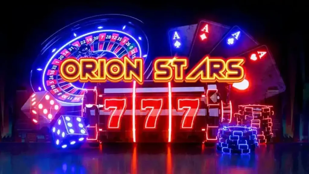 Neon casino-themed image with "Orion Stars" text. Features a roulette wheel, dice, playing cards, and slot machine symbols, evoking excitement and glamour.