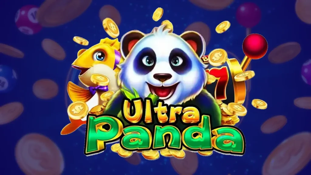 A cheerful panda with gold coins and a fish wearing a bow tie surround the words "Ultra Panda" in bold, colorful letters. The background is a deep blue with floating coins, creating a playful and lively casino-themed atmosphere.