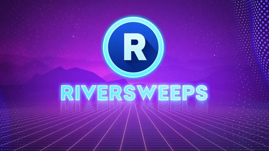 A digital logo against a purple, grid-patterned background shows a blue circle with a white "R" above the glowing text "RIVERSWEAPS," conveying a futuristic vibe.