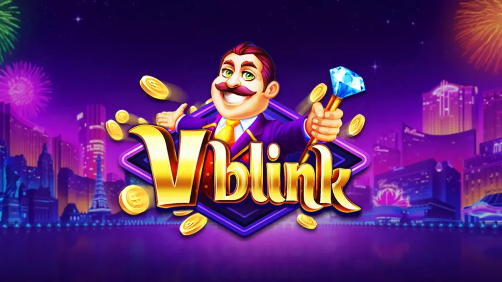 A vibrant casino game graphic features a cheerful character holding coins and a diamond against a dazzling city skyline. The bold text "Vblink" is prominent.