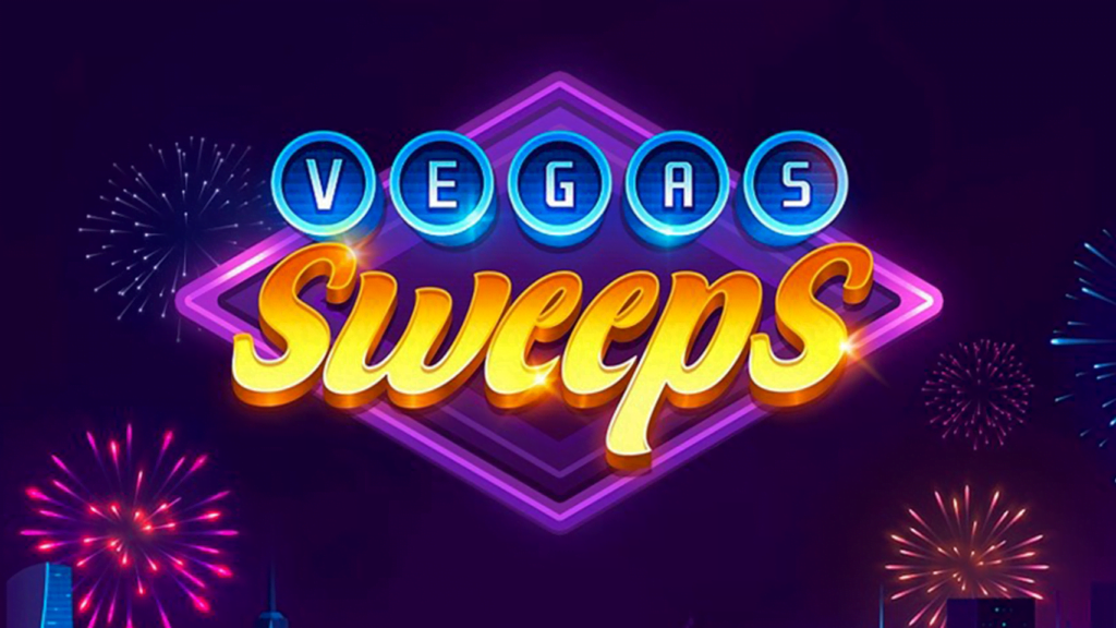 Text "Vegas Sweeps" in bold neon colors with a glowing diamond shape background. Fireworks burst around the text, creating an exciting, festive atmosphere.